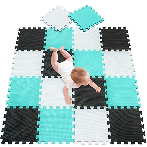 meiqicool Alfombra puzle 142 x 114cm Niños 18 Piezas Cuadrado Goma Espuma EVA,Alfombra Puzzle para Niños Bebe Infantil,esteras de 30x30cm Blanco Negro y Turquesa 010408