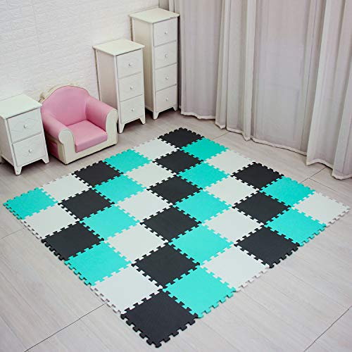 meiqicool Alfombra puzle 142 x 114cm Niños 18 Piezas Cuadrado Goma Espuma EVA,Alfombra Puzzle para Niños Bebe Infantil,esteras de 30x30cm Blanco Negro y Turquesa 010408