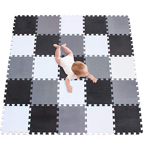 meiqicool Alfombra puzle 142 x 142cm Niños 25 Piezas Cuadrado Goma Espuma EVA,Alfombra Puzzle para Niños Bebe Infantil,esteras de 30x30cm Blanco-Negro-Gris