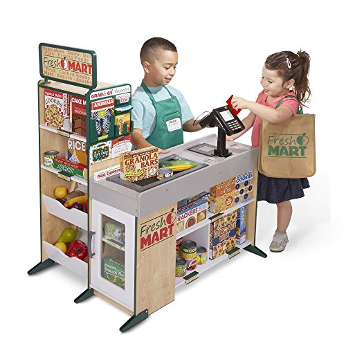 Melissa & Doug-19340 Freestanding Wooden Grocery Store Tienda de Comestibles Frescos Fresh Mart, multicolor, 106.68 cm H x 69.85 cm W x 88.9 cm L