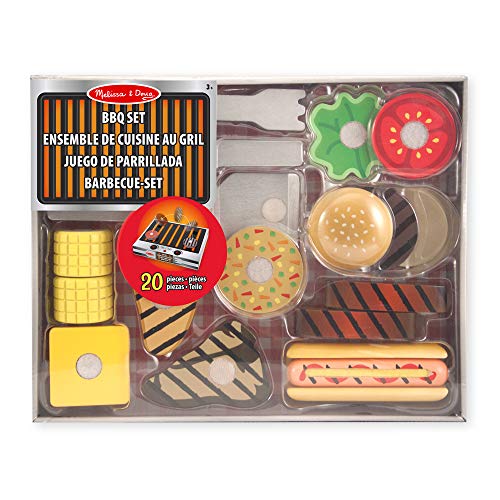 Melissa & Doug- Grill and Serve BBQ Set Comida de Juguete de Madera, Multicolor (19280)