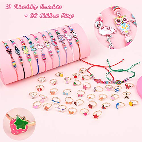 MEOWMEE 48 Piezas Pulsera Amistad Niña Anillos Niñas Ajustables Anillos para niños Joyas Pulseras de la Amistad de los Niños Pulseras y Anillos de Animal Joyería Niña Regalo de Cumpleaños de Fiesta