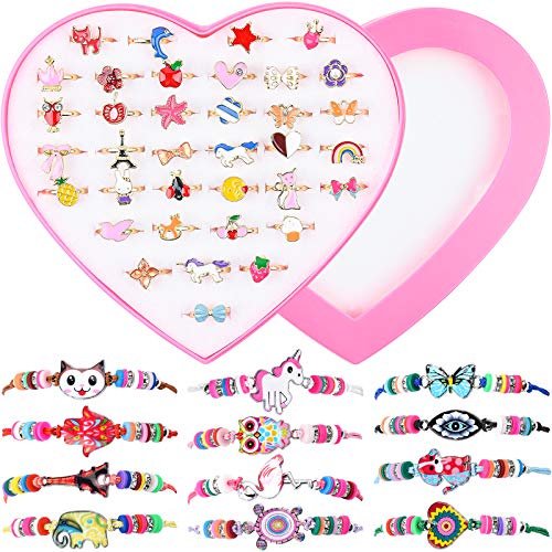 MEOWMEE 48 Piezas Pulsera Amistad Niña Anillos Niñas Ajustables Anillos para niños Joyas Pulseras de la Amistad de los Niños Pulseras y Anillos de Animal Joyería Niña Regalo de Cumpleaños de Fiesta