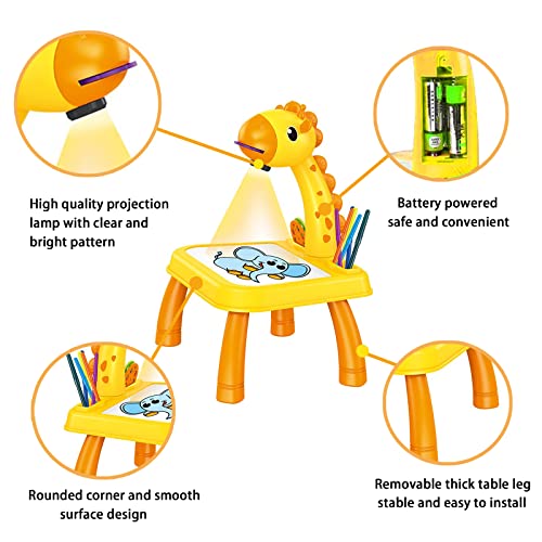 Mesa de proyector de dibujo para ni?os, Traza y dibuja un proyector de juguete con luz y música, Set de pintura de proyección para ni?o ni?a de 3 a 8 a?os (Jirafa Amarilla)