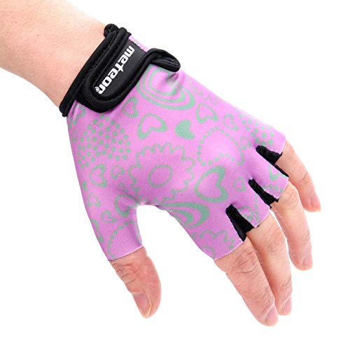 meteor Guantes de Ciclismo niñas y niños - Guantes Bicicleta para Infantil MTB BMX Carretera Montaña sin Dedos - con una Almohadilla de Gel (XS ~6-6,5cm, Flower)