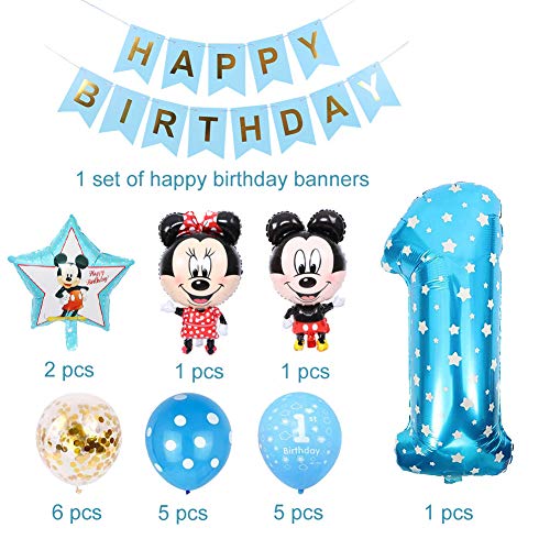 Mickey Globos, BESTZY Decoraciones de Cumpleaños de Mickey Mouse, 1er Cumpleaños Bebe Azul Globos Decoraciones de Fiesta Temática Azul de Mickey Globos de Confeti de Latex (Azul y rosa al azar)