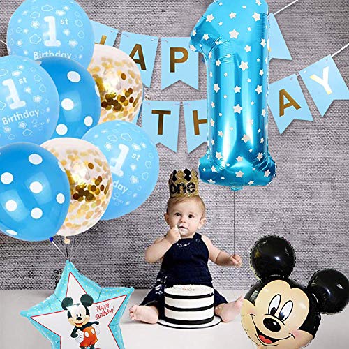 Mickey Globos, BESTZY Decoraciones de Cumpleaños de Mickey Mouse, 1er Cumpleaños Bebe Azul Globos Decoraciones de Fiesta Temática Azul de Mickey Globos de Confeti de Latex (Azul y rosa al azar)