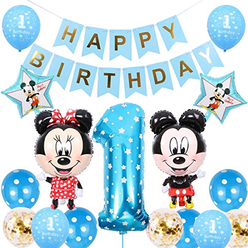 Mickey Globos, BESTZY Decoraciones de Cumpleaños de Mickey Mouse, 1er Cumpleaños Bebe Azul Globos Decoraciones de Fiesta Temática Azul de Mickey Globos de Confeti de Latex (Azul y rosa al azar)