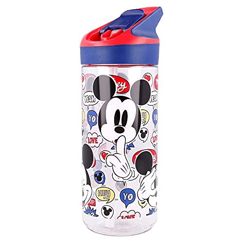 Mickey Mouse | Botella de Tritan Reutilizable para Niños | Cantimplora Reusable con Sistema Antigoteo y Pajita de Silicona - Facil Apertura con botón - Sin BPA - Capacidad: 620 ml