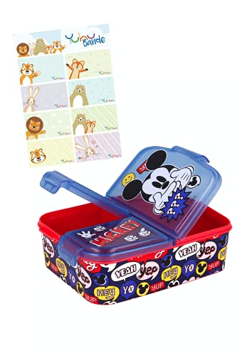 Mickey Mouse caja de almuerzo fiambrera caja de comida para niños con 3 compartimentos separados + y pegatinas de nombre para niños