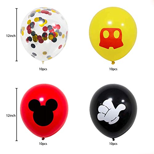 Mickey Party Globos 40 Pack,12 pulgadas Globos de látex Rojo Negro Amarillo Color Confetti Balloons Kit para Baby Shower Mickey Theme Party Supplies Suministros para fiestas de cumpleaños Decoraciones