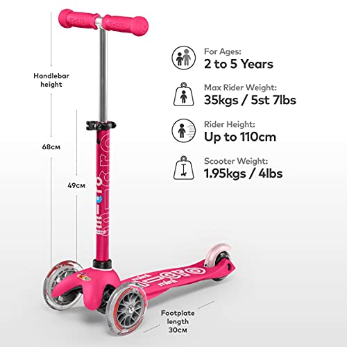 Micro® Mini Deluxe, Original Design, Patinete 3 Ruedas, 2-5 Años, Peso 1,95kg, Carga Máx: 50kg, Altura 48-68cm, Ruedas PU 120/80mm, Rodamientos ABEC 9, Plataforma antideslizante. (Rosa)