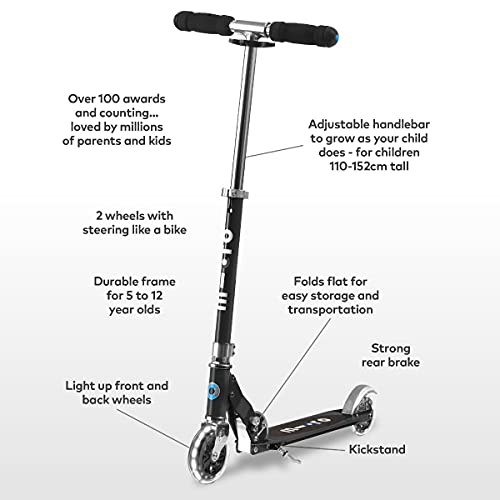 Micro® Sprite LED, Original Design, Patinete 2 Ruedas con iluminación LED Plegable, +6 Años, Peso 2,85kg, Carga Máx 100Kg, Aluminio, Plataforma Antideslizante, Rodamientos ABEC 9 (Negro)