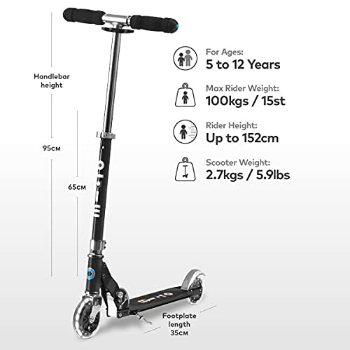 Micro® Sprite LED, Original Design, Patinete 2 Ruedas con iluminación LED Plegable, +6 Años, Peso 2,85kg, Carga Máx 100Kg, Aluminio, Plataforma Antideslizante, Rodamientos ABEC 9 (Negro)