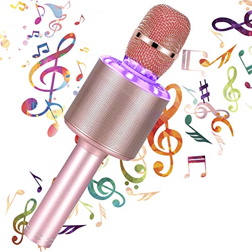 Micrófono Karaoke Bluetooth, 4 en1 Microfono Inalámbrico Karaoke Micrófono Portátil con Luces LED, para Niños y Partido, Compatible con Android, iOS, Teléfono Inteligente