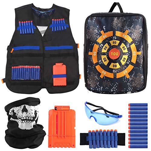 Migaven Chaleco Táctico para Niños, Traje de Chaqueta y Mochila Multifuncional para Nerf Elite Series Toy Gun N-Strike con Clip de Bala Pulsera Suave Paño de Calavera Gafas Niños