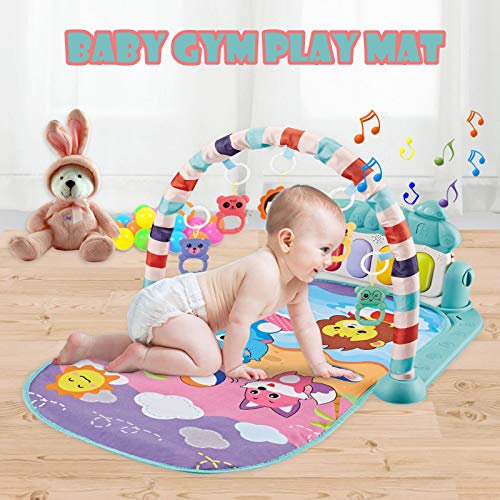 Migaven Gimnasio Bebe, Baby Gym Alfombrillas de Juego Musicales para Piso Kick Play Piano Gym Centro de Actividades con Luces Musicales Colgantes Juguetes para Bebés de 0 A 36 Meses de Edad Azul