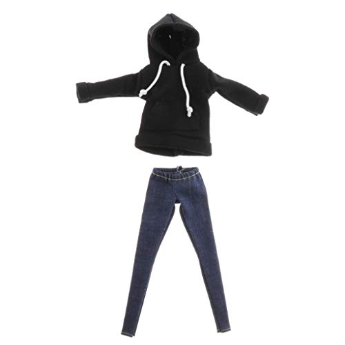 Milageto BJD Clothing Sudadera Negra con Capucha Y Pantalones Vaqueros para 1/6 SD BB Dress Up