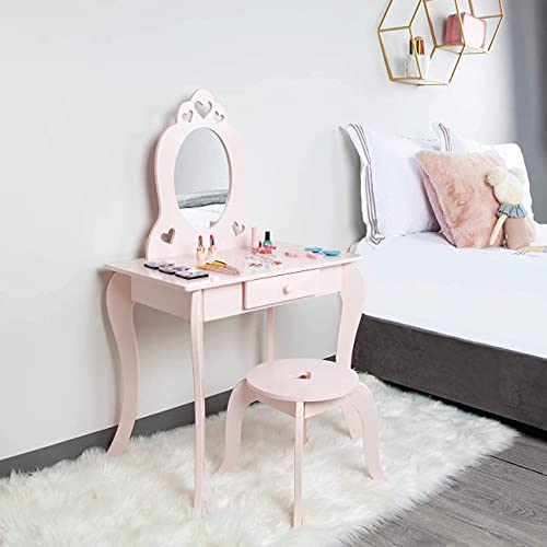 Milliard Tocador Mesa de Maquillaje para niños, Juego de Mesa y Silla Para Niñas, Color Rosa con Espejo