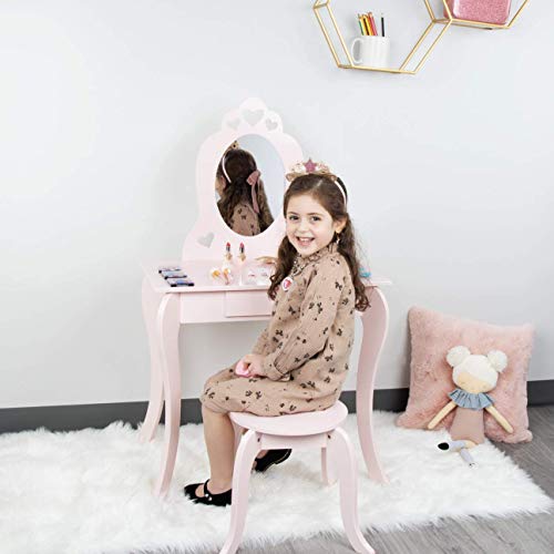 Milliard Tocador Mesa de Maquillaje para niños, Juego de Mesa y Silla Para Niñas, Color Rosa con Espejo