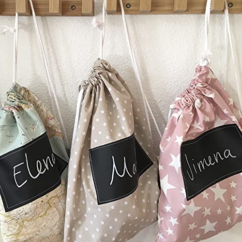 MIMUSELINA Mochilas guardería. Bolsa tela con cuerdas para guarde. Pack bolsa grande y bolsa pequeña guardamuda anti-calado. Mochila infantil pintar Nombre con rotulador Tiza (Miniestrellas beige)