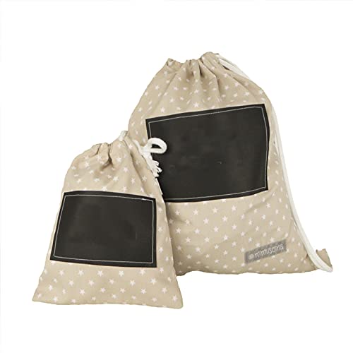 MIMUSELINA Mochilas guardería. Bolsa tela con cuerdas para guarde. Pack bolsa grande y bolsa pequeña guardamuda anti-calado. Mochila infantil pintar Nombre con rotulador Tiza (Miniestrellas beige)