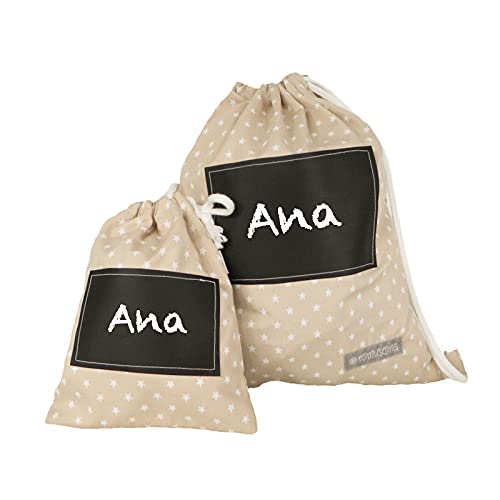 MIMUSELINA Mochilas guardería. Bolsa tela con cuerdas para guarde. Pack bolsa grande y bolsa pequeña guardamuda anti-calado. Mochila infantil pintar Nombre con rotulador Tiza (Miniestrellas beige)