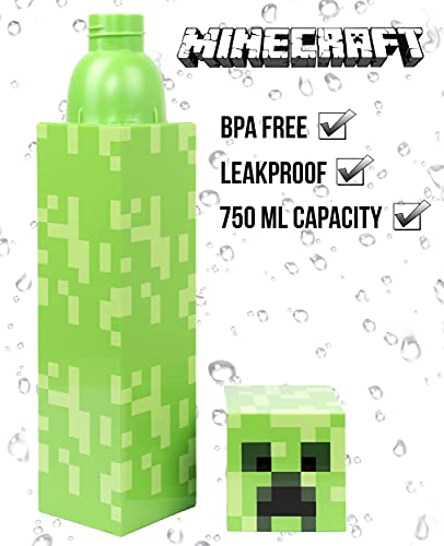 Minecraft - Botella de Agua de Minecraft - Botella de Agua con Diseño del Creeper Verde Pixelado de Minecraft - Botellas de Agua para Niños, Botella de Agua Reusable - 650 ml - Mercancía de Minecraft