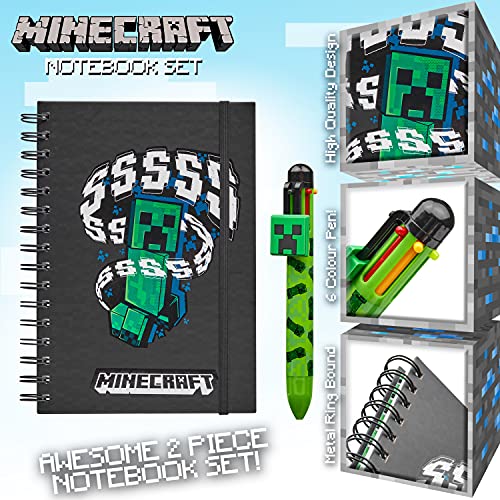 Minecraft Pack Cuaderno A5 y Boli 6 colores, Material Escolar, Regalos Cumpleaños de Niños para Colegio