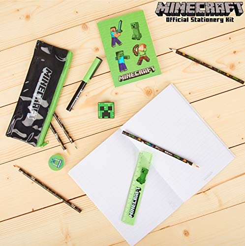 Minecraft Set Papeleria para Niños, Incluye Estuche Escolar Cuaderno A5 Bloc de Notas Lapices Colores Boligrafo, Regalos Cumpleaños Niños Colegio