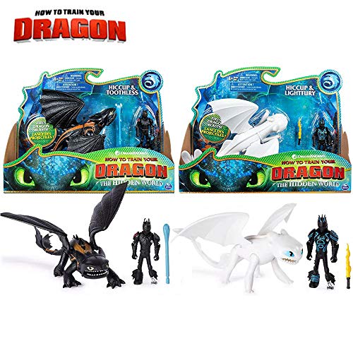 MINGZE Cómo Entrenar a tu dragón Conjunto de Modelos - Dragón Desdentado, Viking Hiccup/Lightfury, Figuras de Juguete para niños Dragon Riders, 4 año(s) Niño/niña (Lightfury and Hiccup)