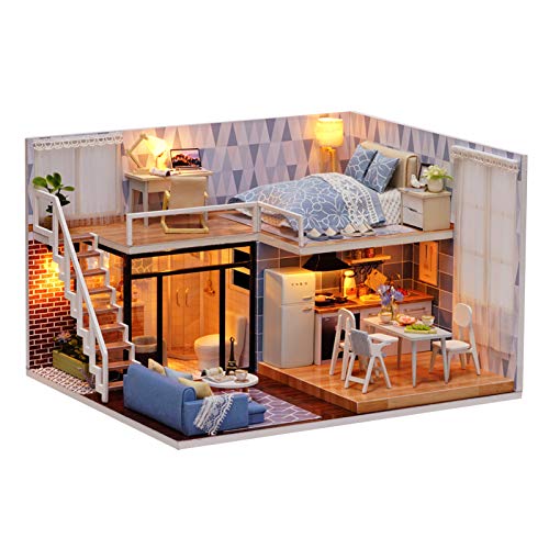 Miniatura de la casa de muñecas con Muebles, Bricolaje Kit de casa de muñecas Mini 3D casa de Madera habitación Hecha a Mano de Juguetes con Muebles Luces LED Regalo de cumpleaños de San Valentín