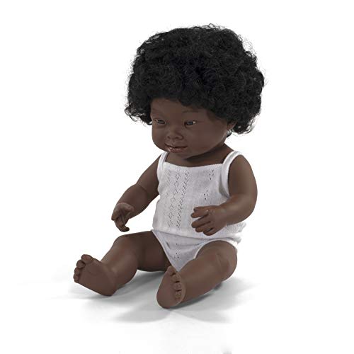 Miniland – Muñeca bebé Africana Down Niña de Vinilo Suave de 38cm con rasgos étnicos y sexuado para el Aprendizaje de la Diversidad con Suave y Agradable Perfume. Presentado en Caja de Regalo.