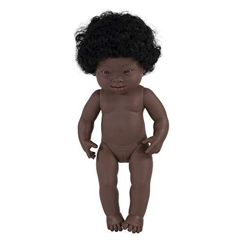 Miniland – Muñeca bebé Africana Niña Síndrome de Down. Vinilo Suave de 38cm. Rasgos étnicos y sexuado para el Aprendizaje de la Diversidad. Ligero y Agradable Perfume. Colección de Diferentes etnia