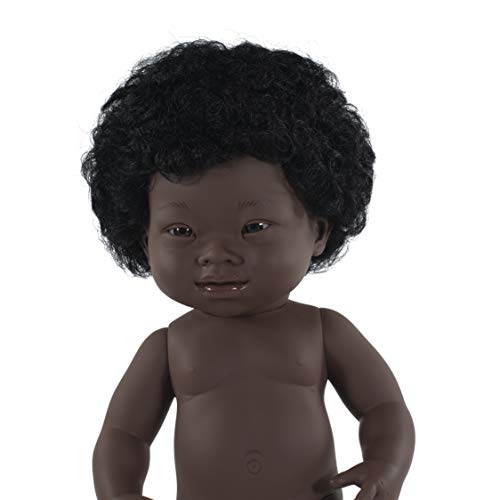 Miniland – Muñeca bebé Africana Niña Síndrome de Down. Vinilo Suave de 38cm. Rasgos étnicos y sexuado para el Aprendizaje de la Diversidad. Ligero y Agradable Perfume. Colección de Diferentes etnia