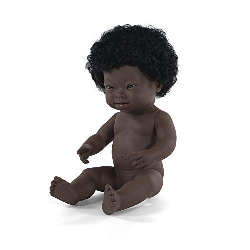 Miniland – Muñeca bebé Africana Niña Síndrome de Down. Vinilo Suave de 38cm. Rasgos étnicos y sexuado para el Aprendizaje de la Diversidad. Ligero y Agradable Perfume. Colección de Diferentes etnia