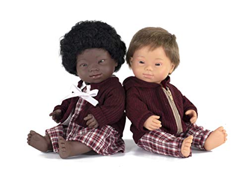 Miniland – Muñeca bebé Africana Niña Síndrome de Down. Vinilo Suave de 38cm. Rasgos étnicos y sexuado para el Aprendizaje de la Diversidad. Ligero y Agradable Perfume. Colección de Diferentes etnia