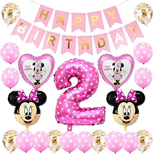 Minnie Globos, Minnie Themed Party Decorations Supplies 2rd Birthday Decoración de cumpleaños 2 en Rosa Niña 2 Año para Fiestas de Cumpleaños Globos