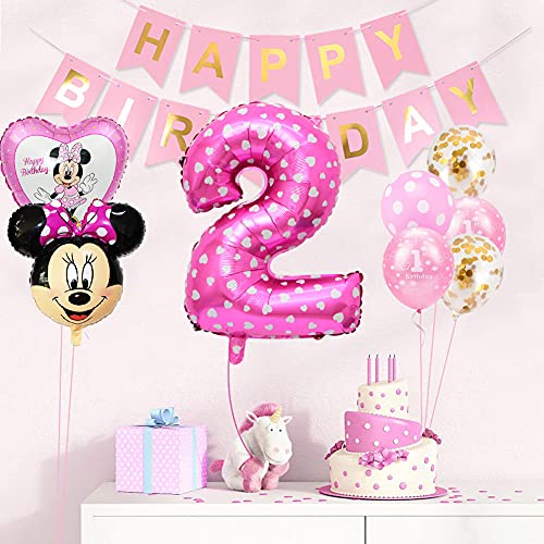 Minnie Globos, Minnie Themed Party Decorations Supplies 2rd Birthday Decoración de cumpleaños 2 en Rosa Niña 2 Año para Fiestas de Cumpleaños Globos