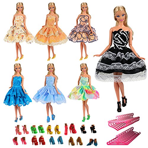 Miunana 15 Artículos = 5X Vestidos de Corto + 5 Pares Zapatos y 5 Perchas Vestir Ropa Casual Accesorios como Regalo para 11.5 Pulgadas 28 - 30 CM Muñeca Doll