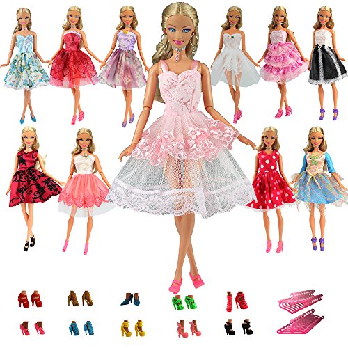 Miunana 15 Artículos = 5X Vestidos de Corto + 5 Pares Zapatos y 5 Perchas Vestir Ropa Casual Accesorios como Regalo para 11.5 Pulgadas 28 - 30 CM Muñeca Doll