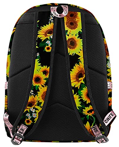 Mochila de Girasol Escolar 17 pulgadas para Niña Niño Adolescentes Colegio Girasoles Flores Casual Bolso Mujer Mochila- Negro-1