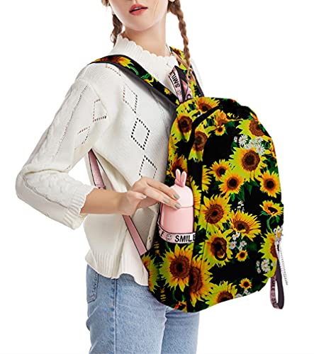 Mochila de Girasol Escolar 17 pulgadas para Niña Niño Adolescentes Colegio Girasoles Flores Casual Bolso Mujer Mochila- Negro-1