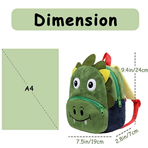 Mochila para Niño, Kasgo Pequeño Mochilas Infantil Linda Mochilas para Guardería Animales 3D Suave Mochila de Felpa para Bebe(Dinosaurio Verde)