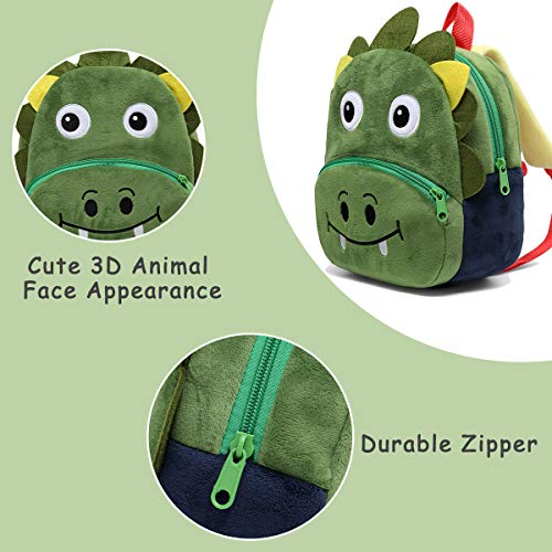 Mochila para Niño, Kasgo Pequeño Mochilas Infantil Linda Mochilas para Guardería Animales 3D Suave Mochila de Felpa para Bebe(Dinosaurio Verde)