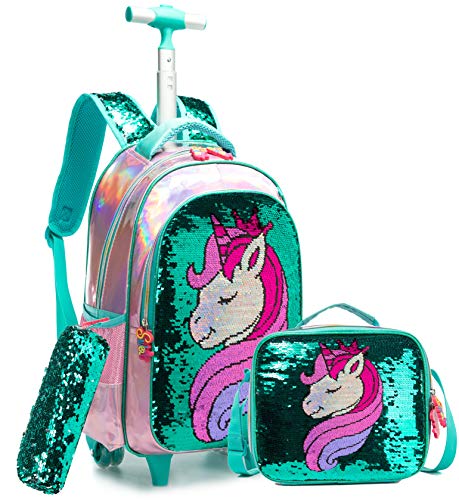 Mochila Unicornio Escolar con Ruedas Chico Genial,Lentejuelas mágicas Estudiantes de Primaria Carros para Mochilas Bolsa de Almuerzo Estuche Escolares Equipaje de Viaje Multifuncional(Verde)