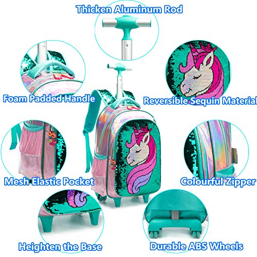 Mochila Unicornio Escolar con Ruedas Chico Genial,Lentejuelas mágicas Estudiantes de Primaria Carros para Mochilas Bolsa de Almuerzo Estuche Escolares Equipaje de Viaje Multifuncional(Verde)