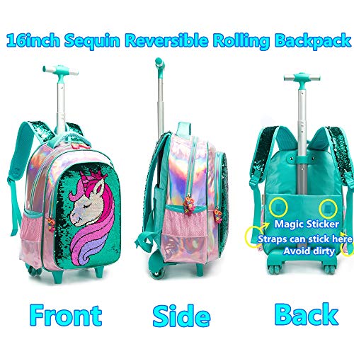 Mochila Unicornio Escolar con Ruedas Chico Genial,Lentejuelas mágicas Estudiantes de Primaria Carros para Mochilas Bolsa de Almuerzo Estuche Escolares Equipaje de Viaje Multifuncional(Verde)