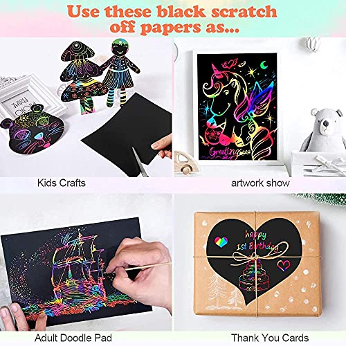 Mocoosy 60 piezas de papel de rascar para niños - Rainbow Magic Scratch Off Paper Art and Craft Kit Scratch Note Black Doodle Pads con 4 plantillas 5 lápices de madera para fiestas niñas niños regalos