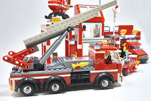 Modbrix Estación de bomberos con bloques de construcción, gran City bomberos, guardia con carro de escalera, carro guía de uso y helicóptero de bomberos